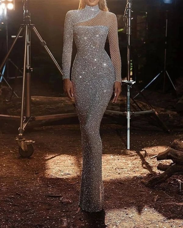 Women Sparkle Sequins Long Sleeve Party Mermaid Dress