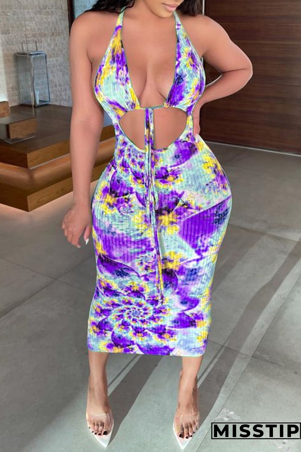 Green Fashion Sexy Print Tie Dye Hollowed Out Backless Halter Sleeveless Dress