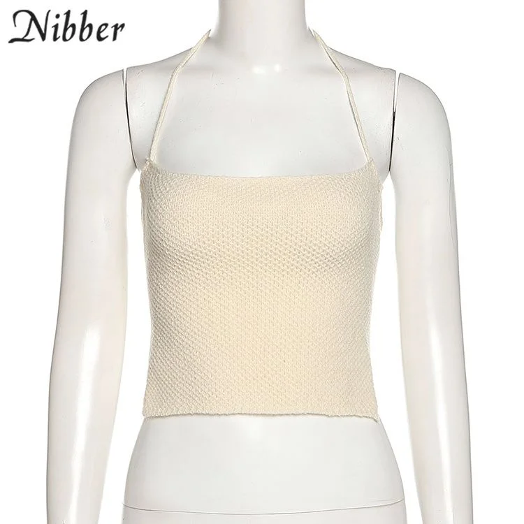 Nibber Fashion Pure Color Simple Style Short Top Knitted Fabric Halter Vest For Women’s Beach Vacation Night Clubs Street Wear