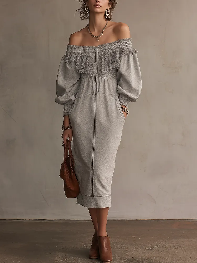 Soft Light Grey Off-Shoulder Ruffle Midi Dress