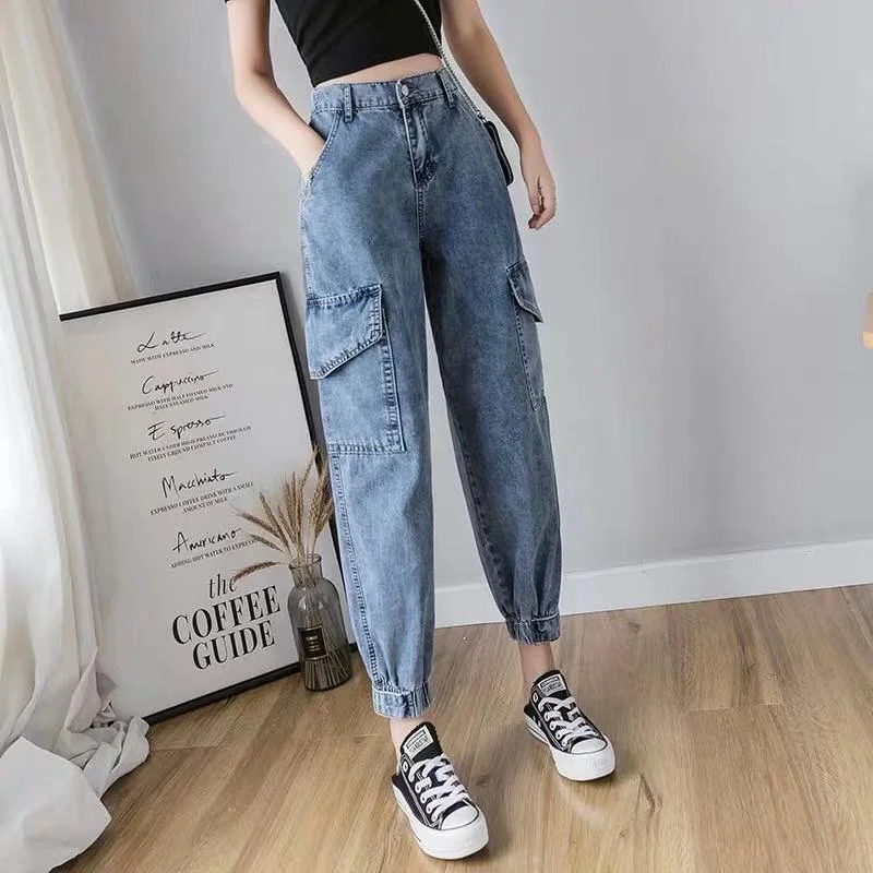 Jeans Women Harem High Waist Ankle-length All-match Womens Trousers Chic Harajuku Korean BF Loose Big Pockets Fashionable Casual