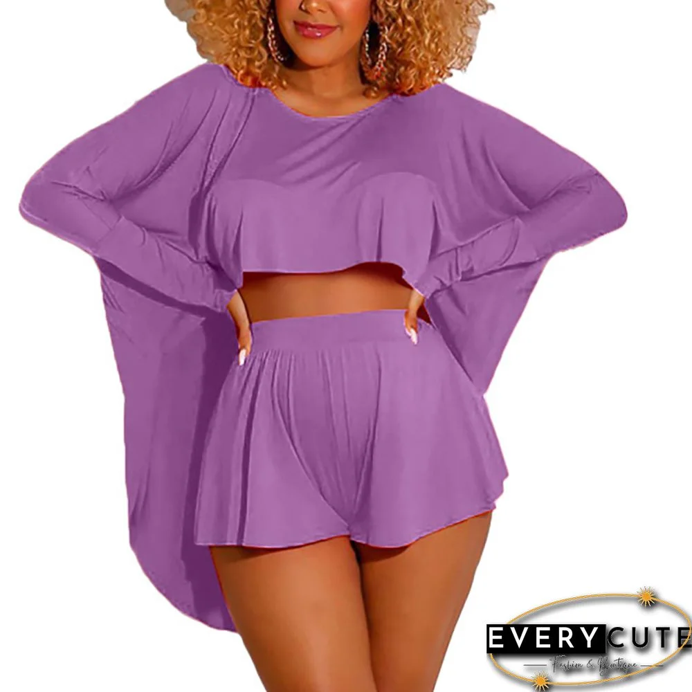 Purple Cotton Blend Bat Sleeve Loungewear Shorts Set
