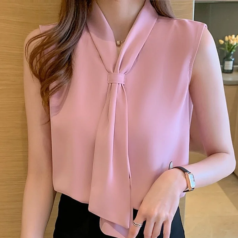 Blouses Summer Sleeveless Tops Women Blouse Women Blusas Mujer De Moda 2021 Verano Bow V-Neck Pink Chiffon Blouse Shirt E774