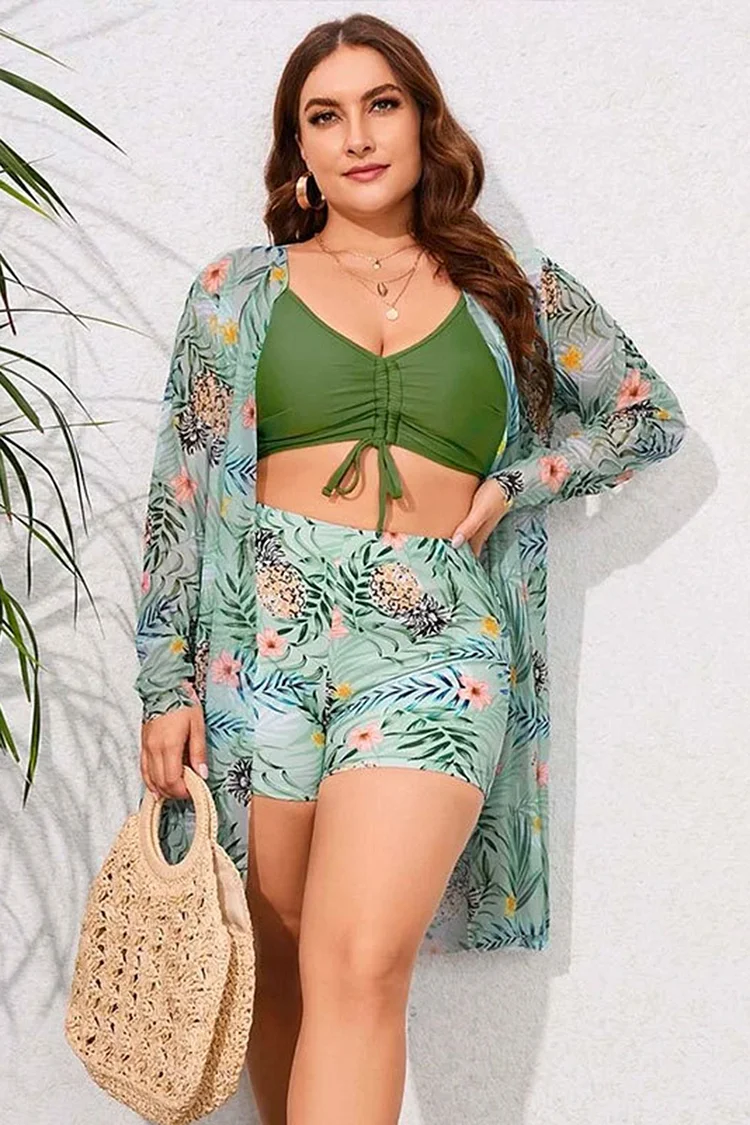 Plus Size Beach Green Tropical Plant Print Cover Up Three Pieces Swimwear  Flycurvy [product_label]