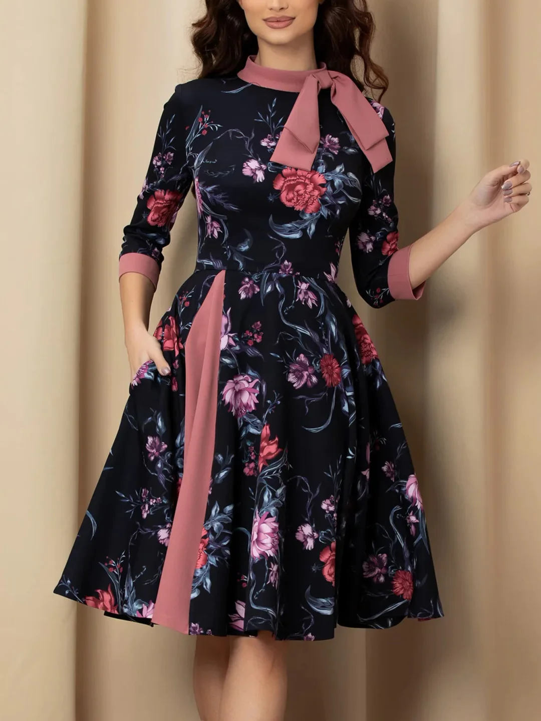 Jangj S.FLAVOR Vintage Floral Printed O-neck A-line Dresses Patchwork Style 3/4 Sleeve Retro Vestidos De With Bow 2022 Autumn