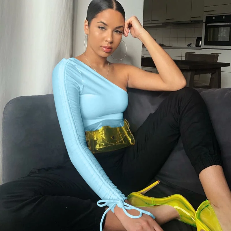 Dulzura drawstring ruched women t shirt crop top one shoulder bodycon sexy streetwear party club elegant autumn winter clothes