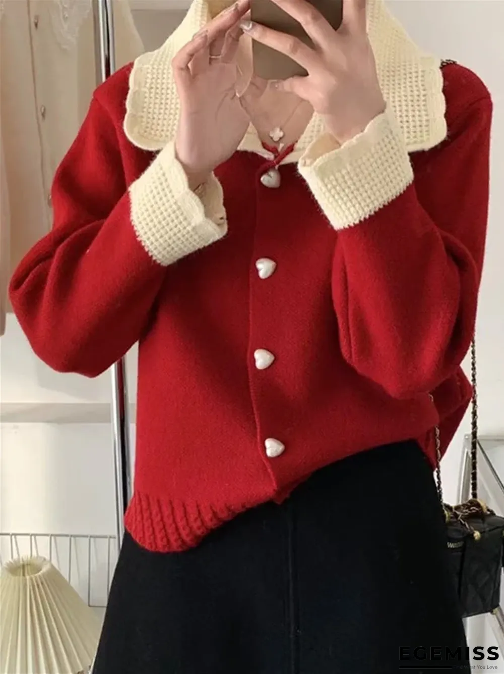 Love Loose Contrast Lapel Knit Cardigan | EGEMISS