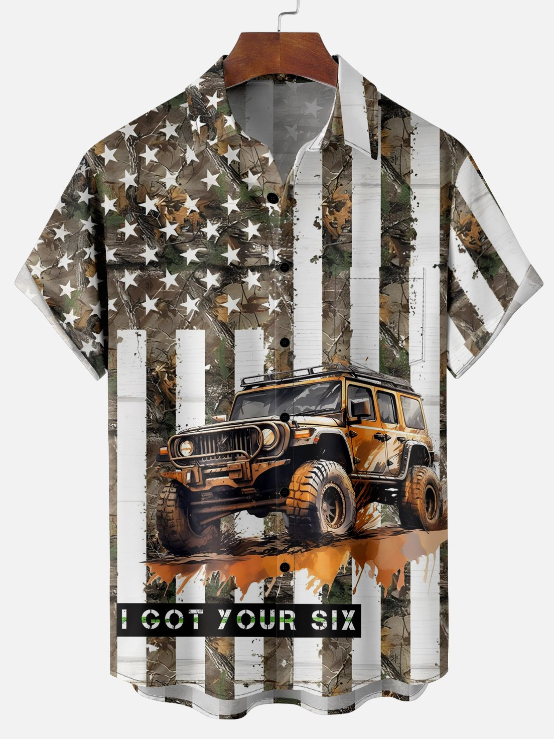 Men's Vintage American Flag Jeep Print Shirt PLUSCLOTHESMAN