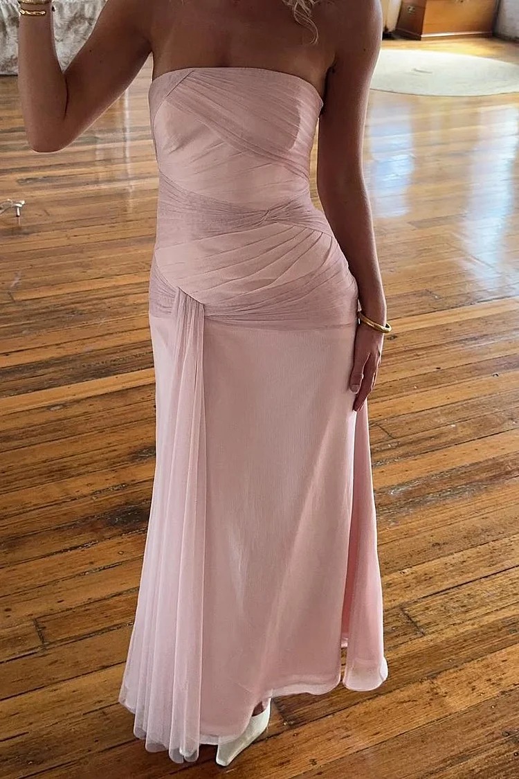 Daisda Chic Strapless Sleeveless Long Mermaid Prom Dress With Pleated