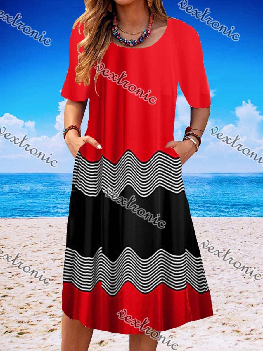 Women Half Sleeve V-neck Solid Color Dress