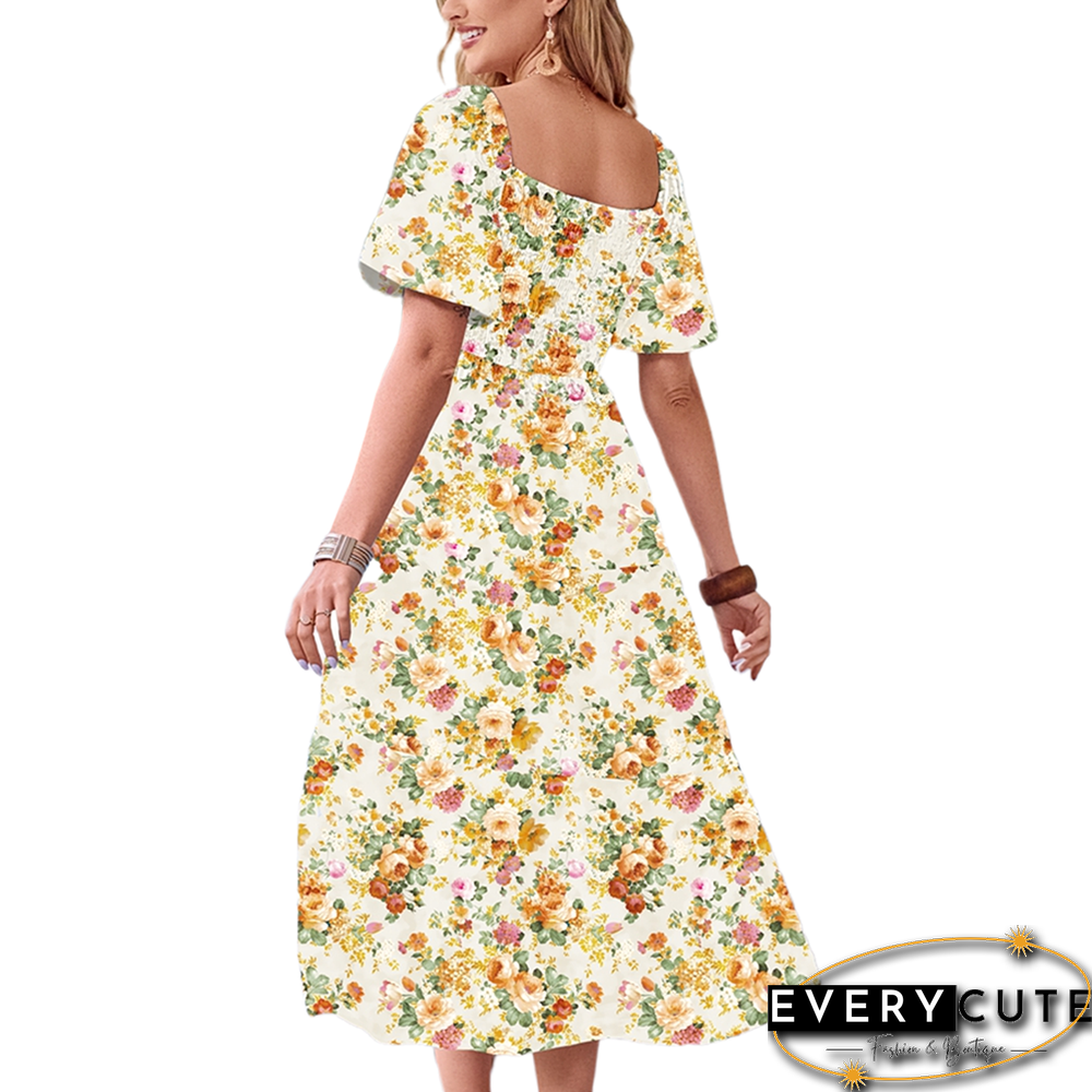 Light Yellow Puff Sleeves Back Pleated Floral Dress