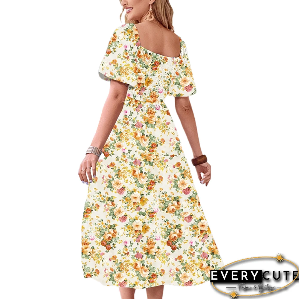 Light Yellow Puff Sleeves Back Pleated Floral Dress