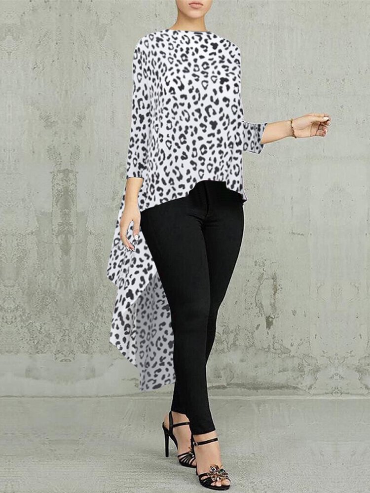 Leopard Print O-neck Long Sleeve Irregular Blouse - BlackFridayBuys