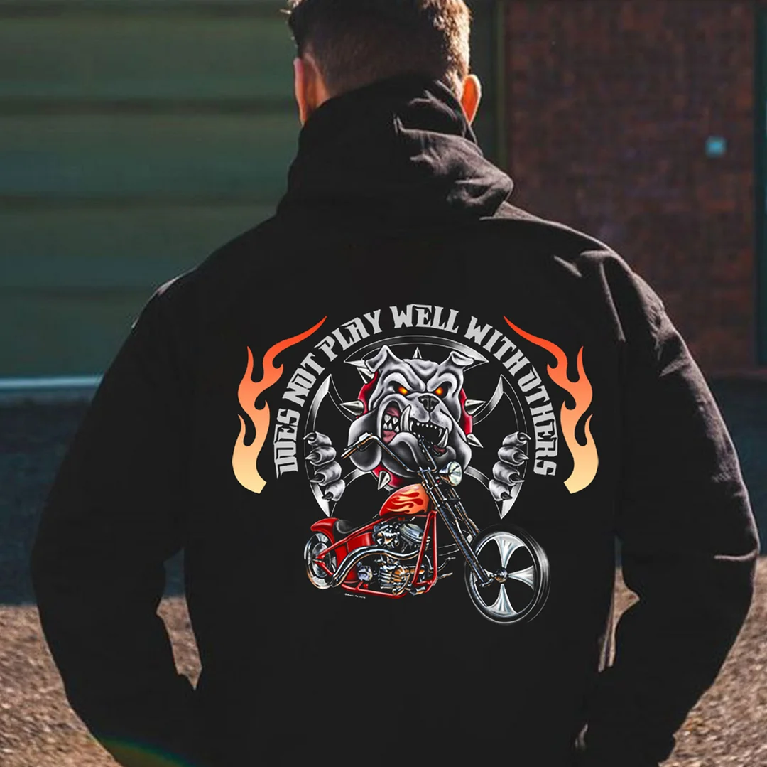 DOES NOT PLAY WELL WITH OTHERS Bulldog Motorcycle Print Men's Hoodie