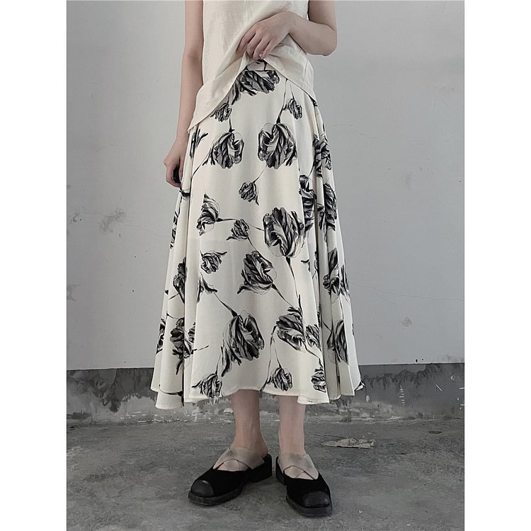Elegant Chiffon Ink Rose Printed Elastic Waist Skirt   