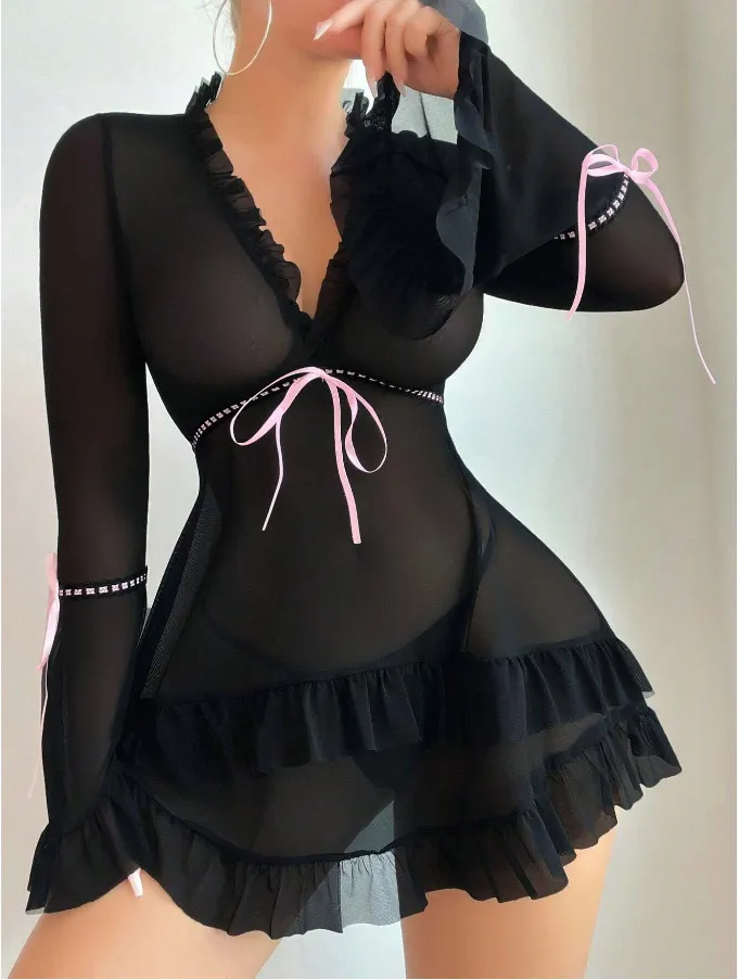 Churchf Sex Lingerie New Sexy Print Mesh Perspective Long-Sleeved Strap Strips With Short Back Dress