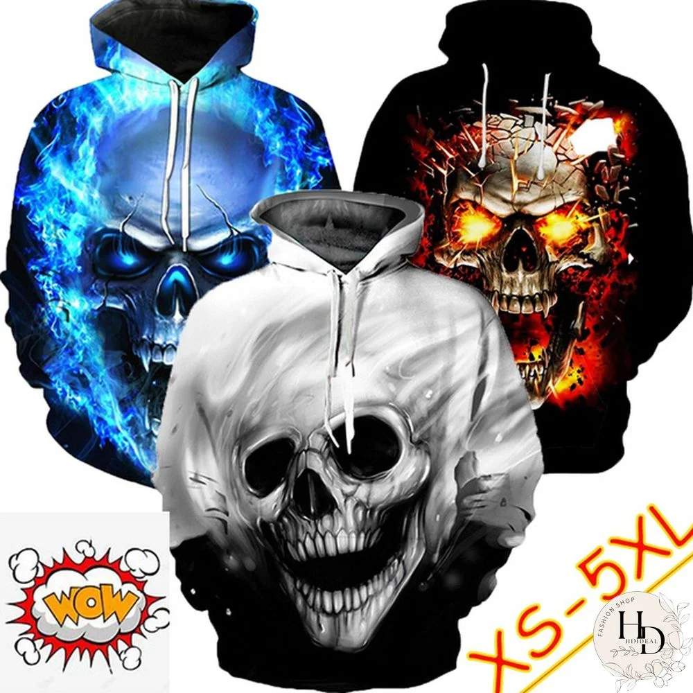 Unisex Fashion Causal Hooded Sweatshirts Popular 3D Printed Hoodie Loose Pullover Sweatshirts Cool Skull Hoodie Plus Size Xs-5Xl