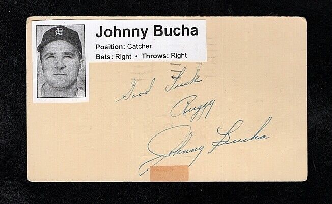 1957 JOHNNY BUCHA-DETROIT TIGERS AUTOGRAPHED PENNY POSTCARD W/ Photo Poster painting-(d.1996)