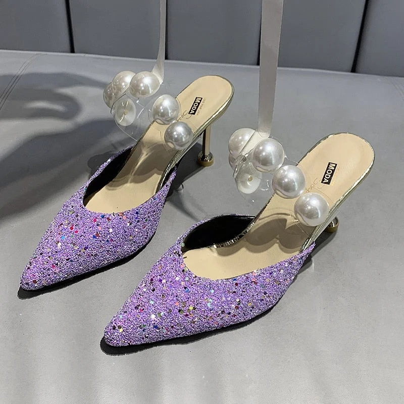 34-40 Pearl Black Sandals Women Summer Autumn Shoes Woman Thin Heels 2022 Womens Outdoor High Heels Woman Mules