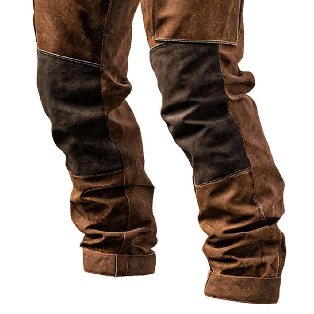 Men's Vintage Brown Suede Contrast Work Pants With Reinforced Knees