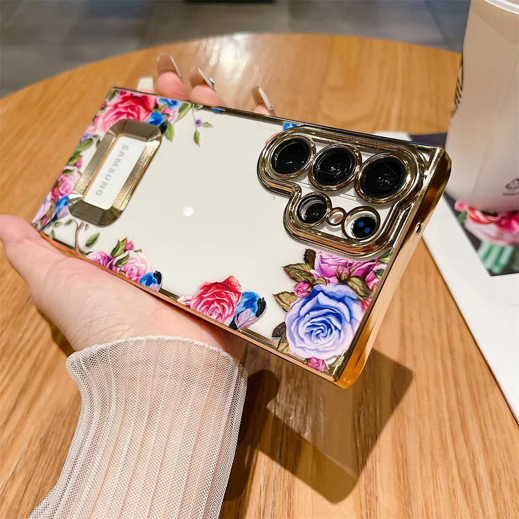 Flower phone case suitable for Samsung, with ultra luxurious electroplated logo hole sleeve and camera film transparent cover