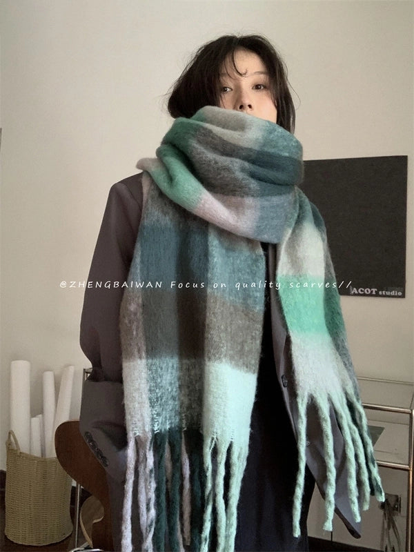 Knock On The Beauty Drop ~ A Big Love Thick Braid Rainbow Checkered Color Matching Scarf Winter Cashmere Plaid Tassel Shawl