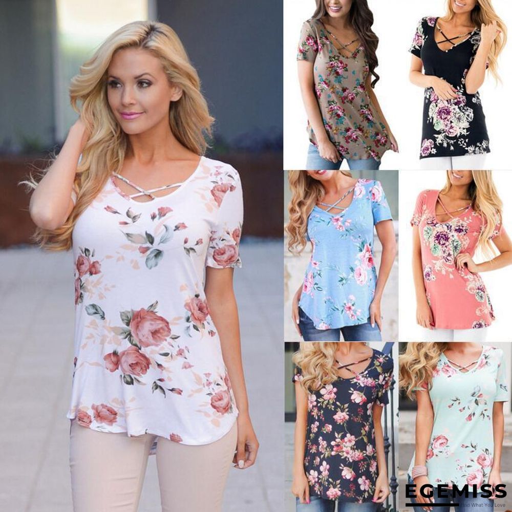 5XL Large Size Women Short Sleeve V-Neck Blouse Printed Shirt Plus Size Tops | EGEMISS