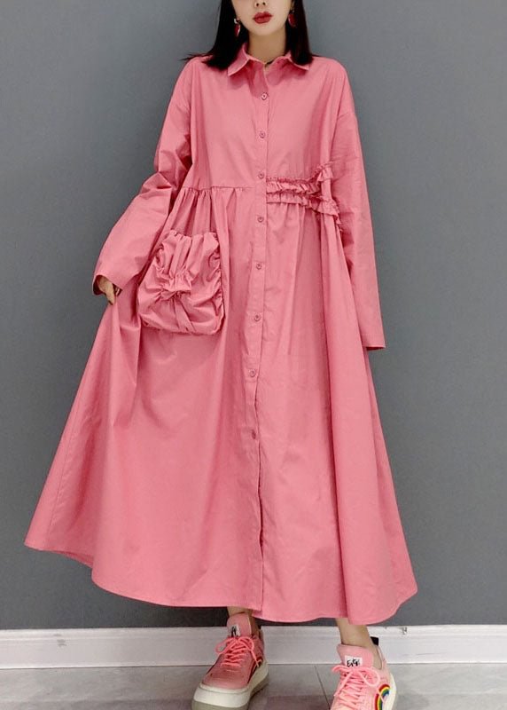 Modern Pink Peter Pan Collar wrinkled shirt Dress Long Sleeve CK2572- Fabulory