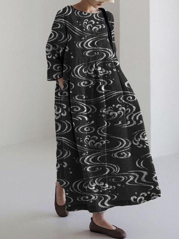 Comstylish Sea Waves Japanese Art Linen Blend Maxi Dress
