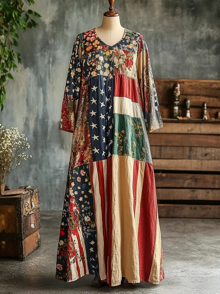 Independence Day Vintage Boho Floral Women's Linen Long Sleeve Dress