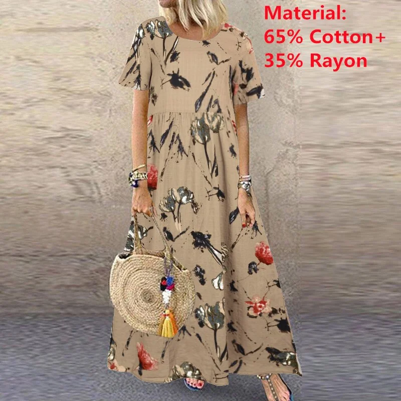2022 ZANZEA Bohemian Holiday Sundress Summer Women Vintage Floral Printed Short Sleeve Beach Dress Loose Long Vestido Robe Femme