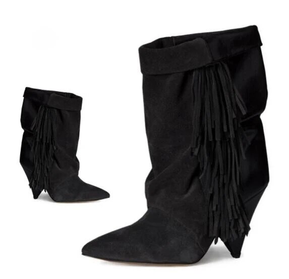 VCSHOES Roman Spike Heels Suede Patchwork Tassel Ankle Boots Pointed Toe Woman Boots Fringe Riding Boots