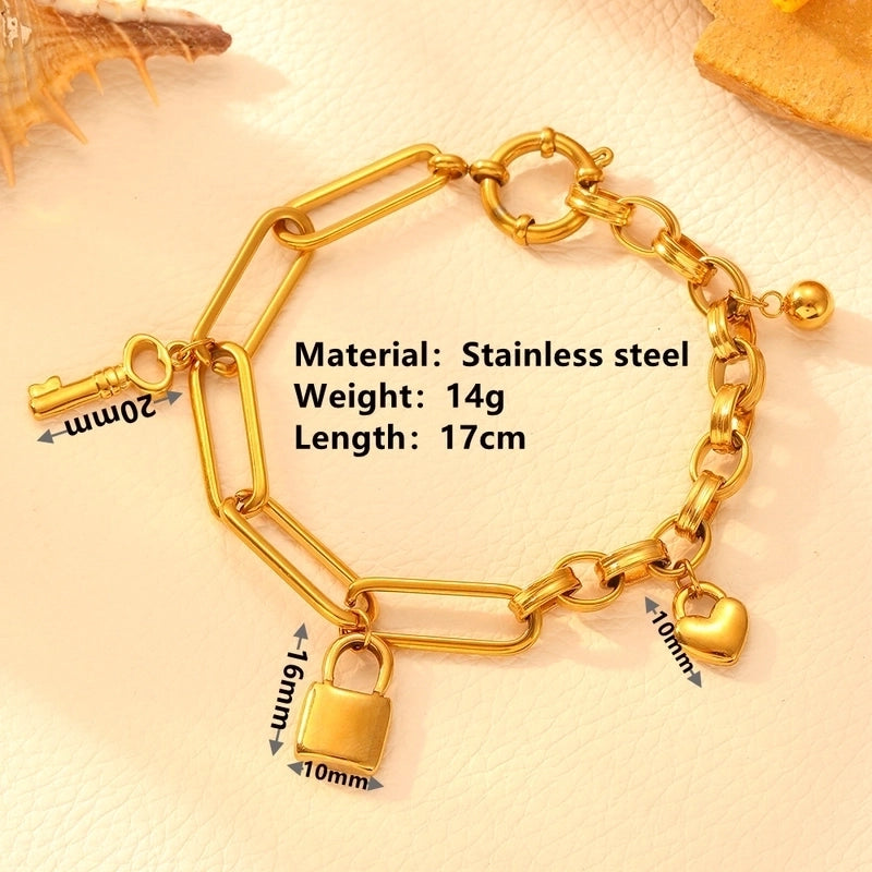 Elegant Heart Shape Key Lock Titanium Steel 18K Gold Plated Paperclip Chain Belcher Chain Bracelets In Bulk