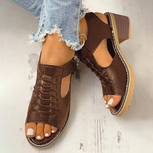 Libiyi Peep Toe Cutout Zipper Chunky Heeled Sandals （get free shipping）