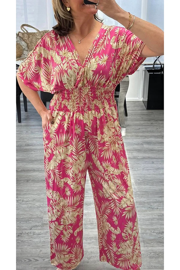 Unique Printed V-neck Loose Casual Wide-leg Jumpsuit