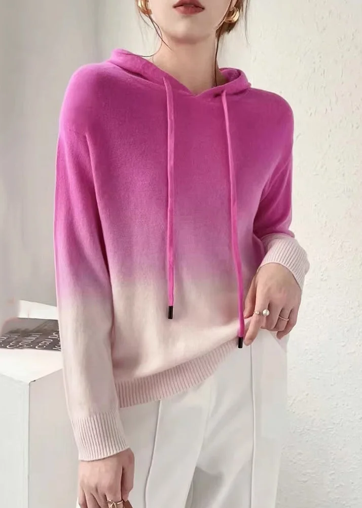 New Rose Gradient Color Hooded Patchwork Wool Knit Sweaters Fall