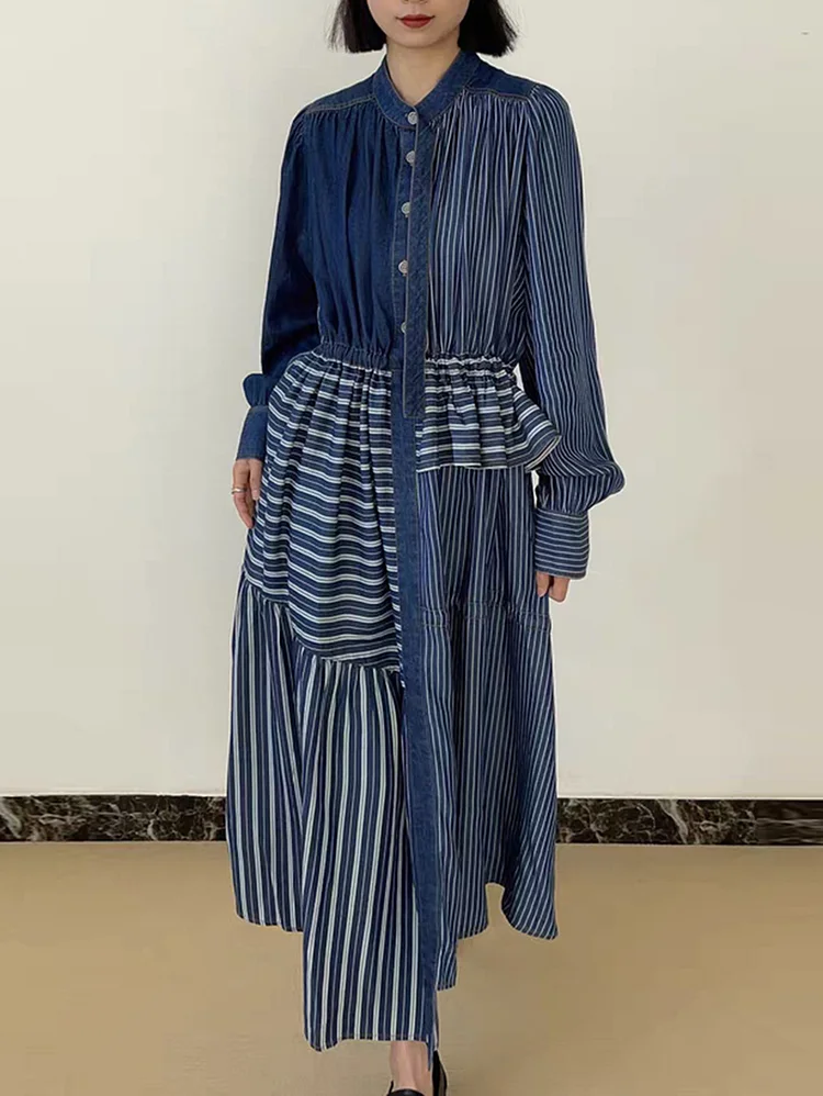 Denim Striped Stand Collar Shirred Waist Asymmetric Hem Maxi Dress