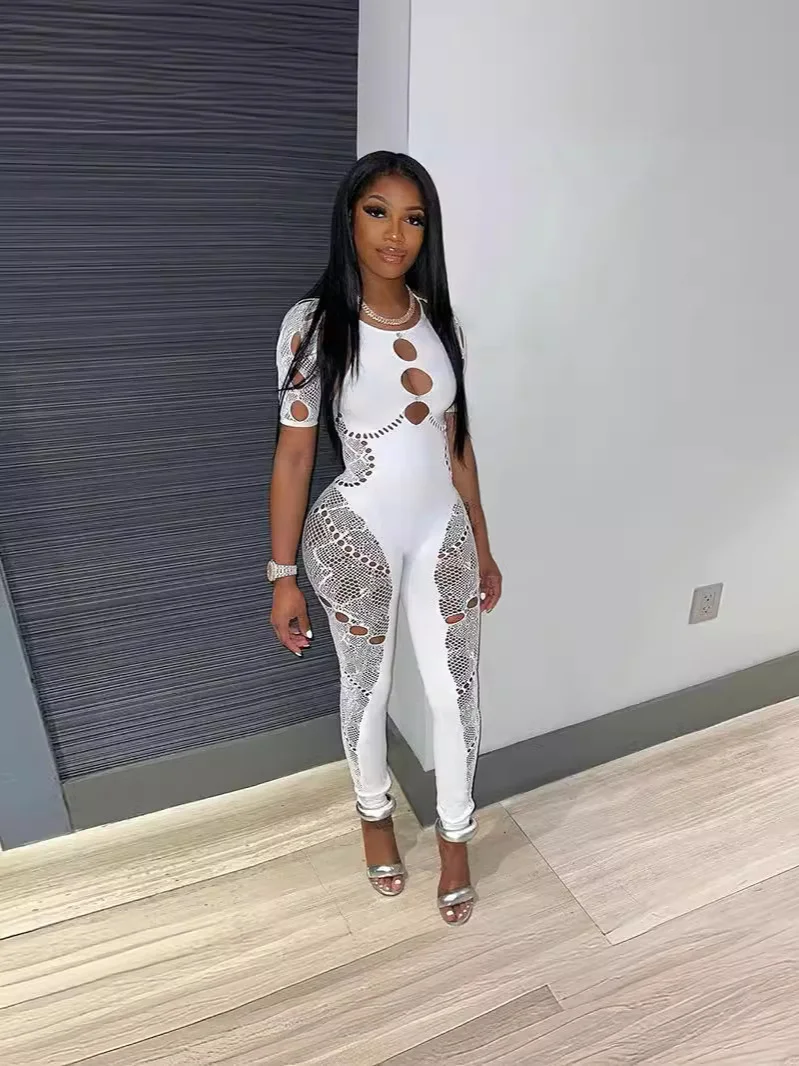 Uveng Uveng Female Solid Color Round Collar Hollow Short Sleeve Lace Sexy Body Knit Short Sleeve Jumpsuit