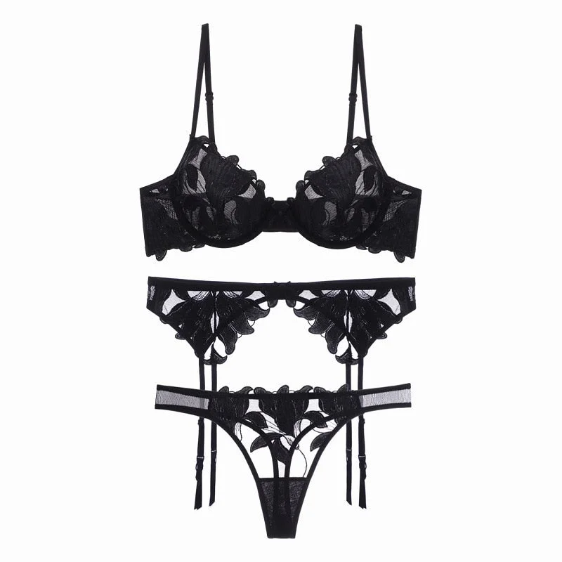 Fancy Underwear Lace Women's Bra and Panty Set Floral Embroidery Brief Sets Sexy Thin Bralette Female Erotica Intimates Lingerie
