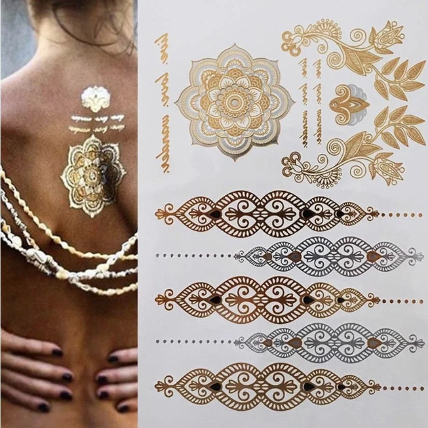 Flash Metallic Waterproof Temporary Tattoo Gold Silver Tatoo Women Henna Mandala Flower Lace Taty Indian Arabic Tattoo Sticker