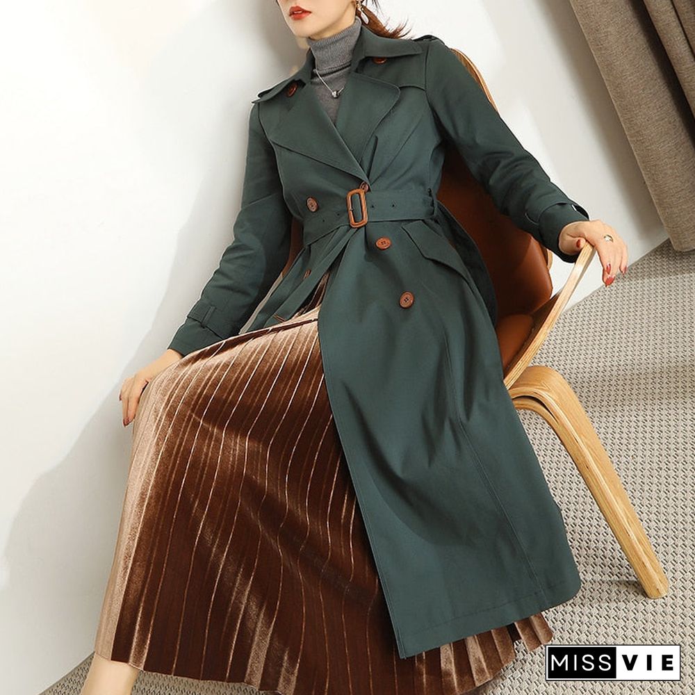 Dark Green Windbreaker Women's Long Spring and Autumn New British Style Temperament Drape High-end Coat Trench Coat for Women
