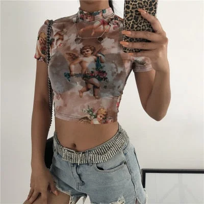 Angel Print Mesh Sexy T Shirt Crop Top High Neck Short Sleeve Graphic Tees Women Streetwear Harajuku Shirts Hot Sale