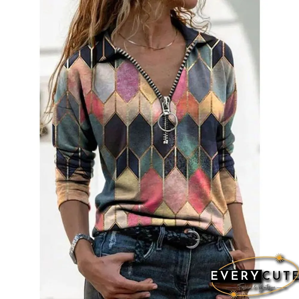 Womens Fashion Printed V-neck Long Sleeve Shirts Casual Zipper Turn-down Collar Cotton