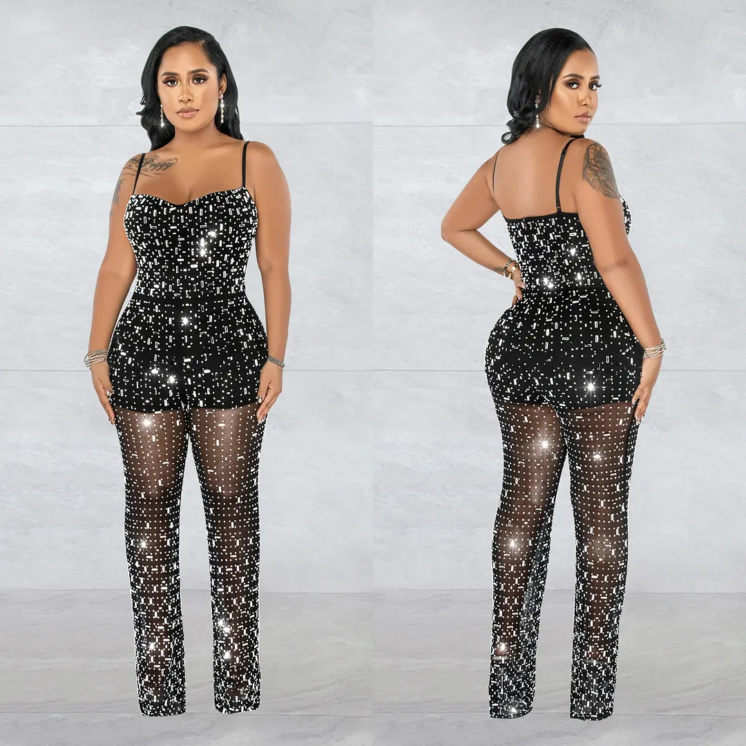 Churchf Churchf Fashion Women's Hot Diamond Mesh Gauze Sling Sleeveless Long