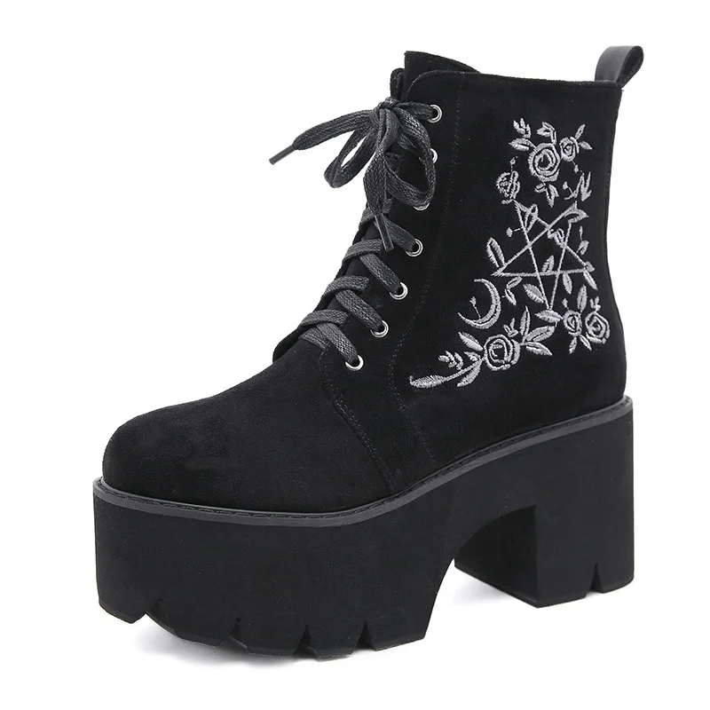 Blankf Flower Platform Boots Chunky Punk Suede Leather Womens Gothic Shoes Lace Up Back Zipper High Quality Black Boots Womens