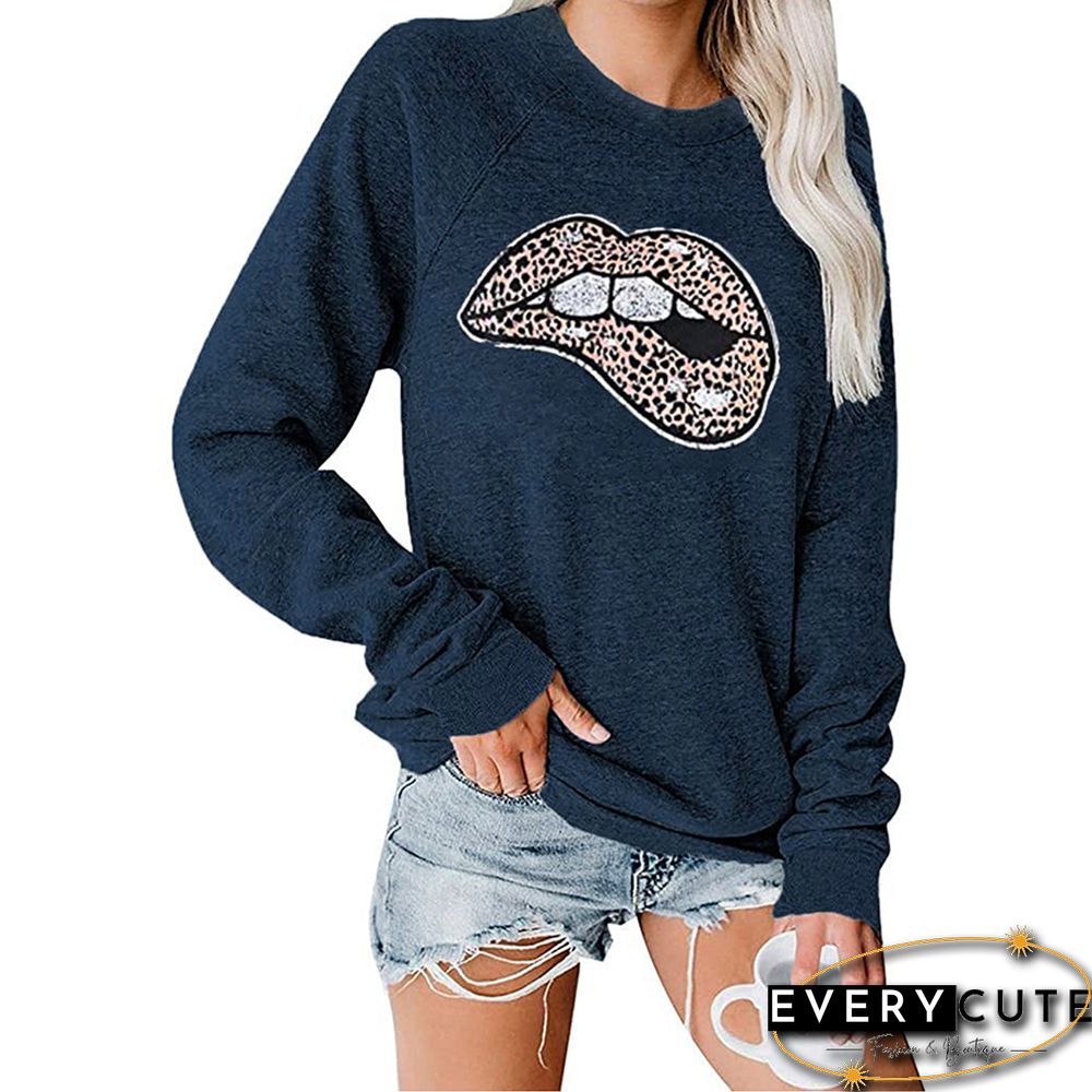 Navy Blue Lip Print Long Sleeve Pullover Sweatshirt