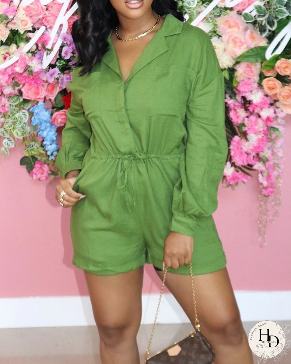 Solid Button Front Pocket Detail Drawstring Romper