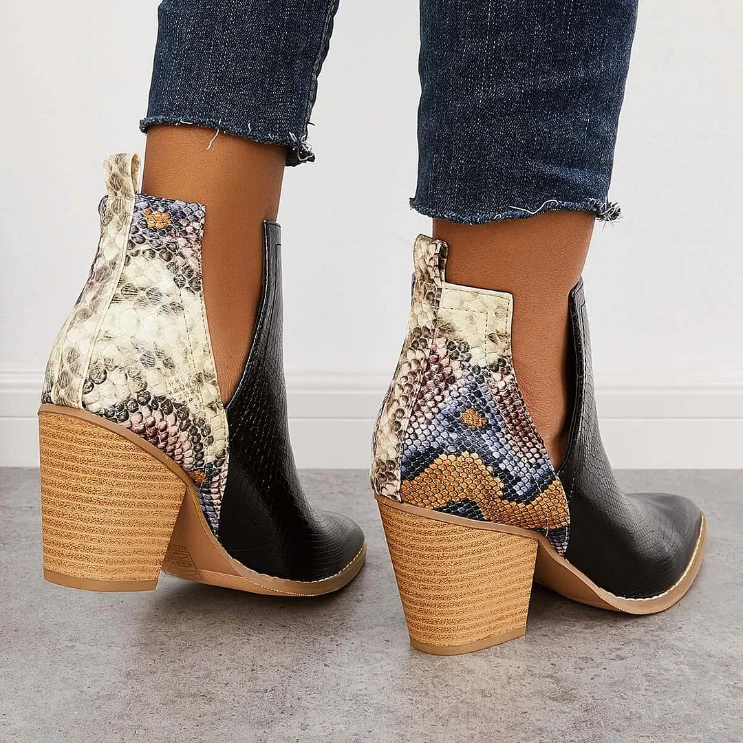 Womens Western Ankle Cowboy Boots Cutout Block Heel Booties