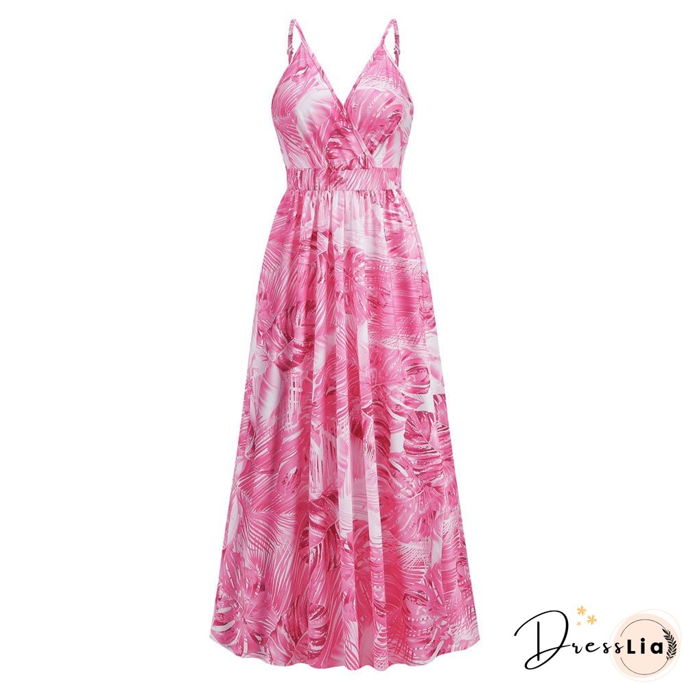 Bohemian print maxi dress sexy V-neck slip dress