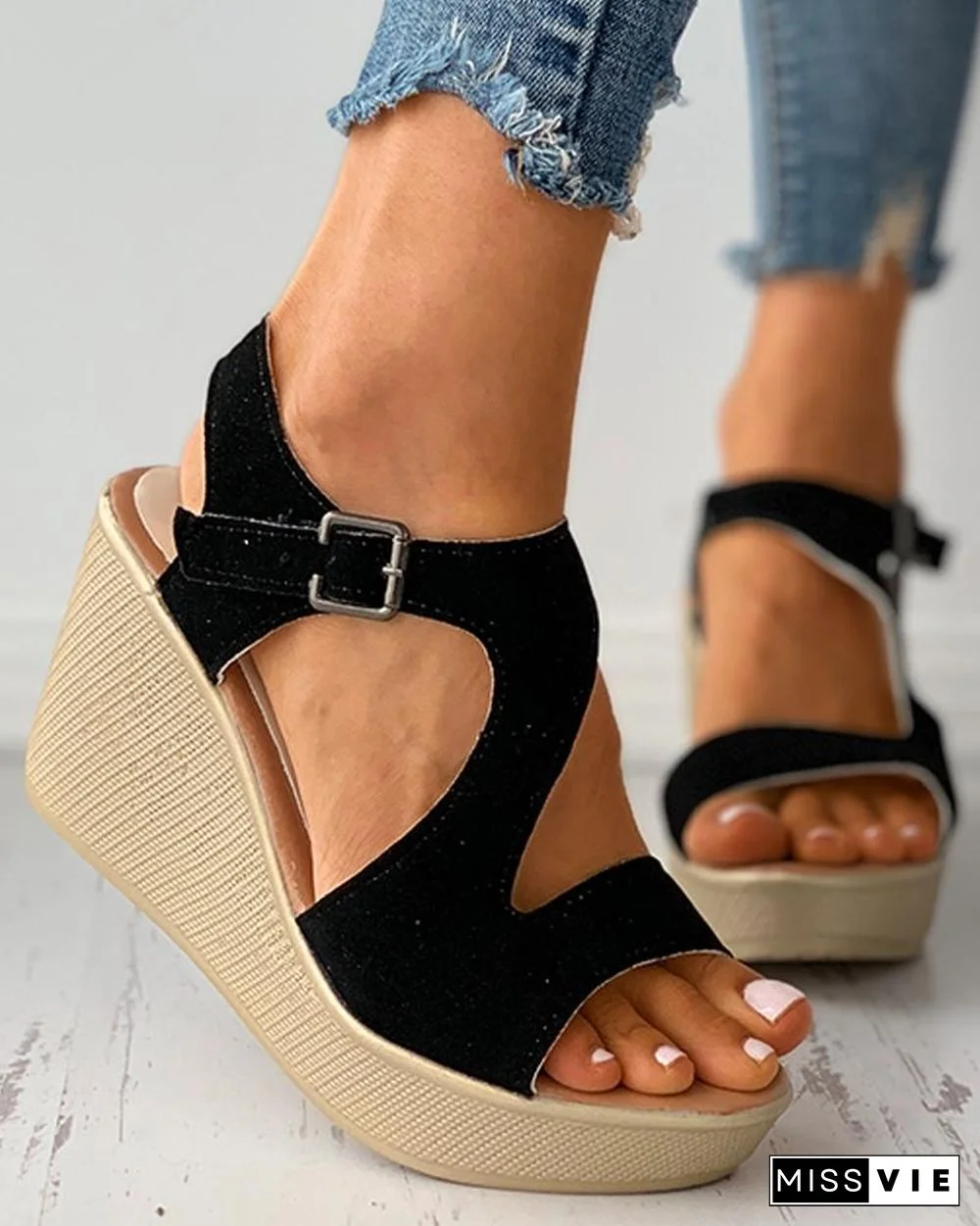 Suede Cutout Peep Toe Buckled Wedge Sandals